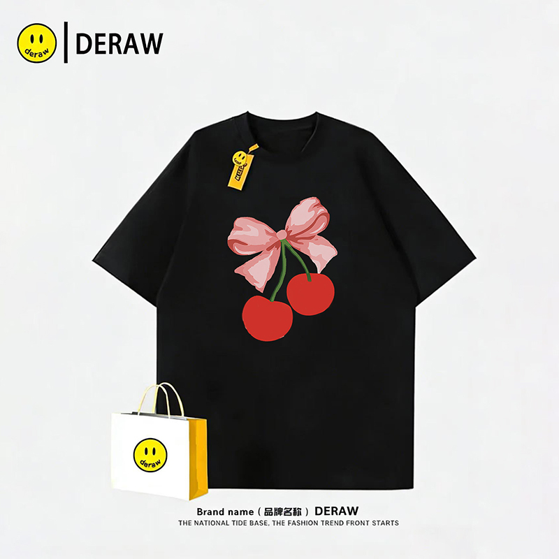 Deraw Cherry Print Short-Sleeved T-Shirt for Men and Women, Same Style for Couples, 2026 New Style, Loose and Versatile Casual Top