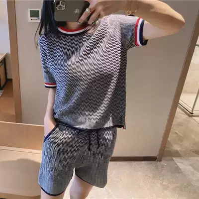 TB 2021tb summer New loose short sleeve top lace up shorts knitted two piece set women
