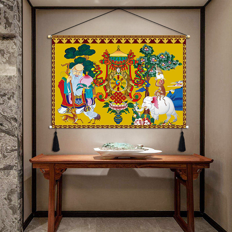Tibetan cloth art hanging painting Auspicious Four Jui Eight Precious Six Life Buddha Hung Cloth Background Wall Xuanguan Zhongtang Buddhist Hall Decoration Tapestries