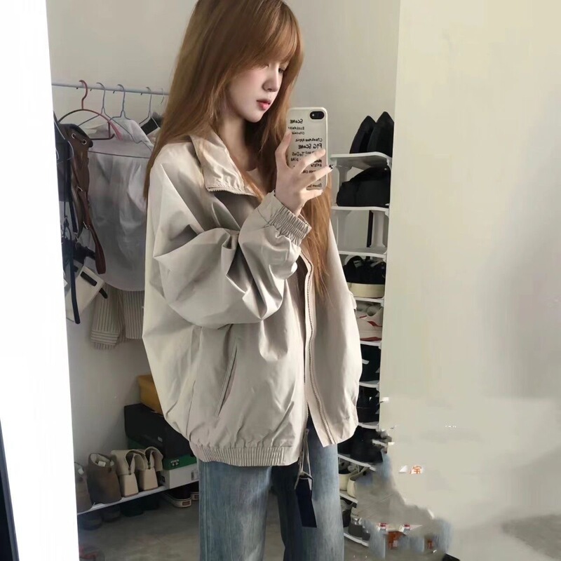 American Retro Workwear Lapel Jacket, Women's Autumn New Loose and Versatile Student Couple Zipper Jacket