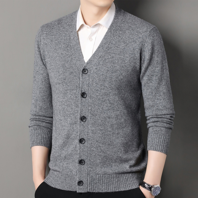 Chunzhu Shijia 100% Pure Wool V-Neck Knitted Cardigan Men's Thickened Warm Sweater Dad's Clothing New Autumn Style