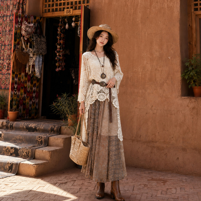 Xinjiang, Western Sichuan, and Great Northwest Travel Irregular Cut-Out Cover-Up Set Dress Bohemian Maillard Outfit Xinjiang, Western Sichuan, and Great Northwest Travel Irregular Cut-Out Cover-Up Set Dress Bohemian Maillard Outfit
