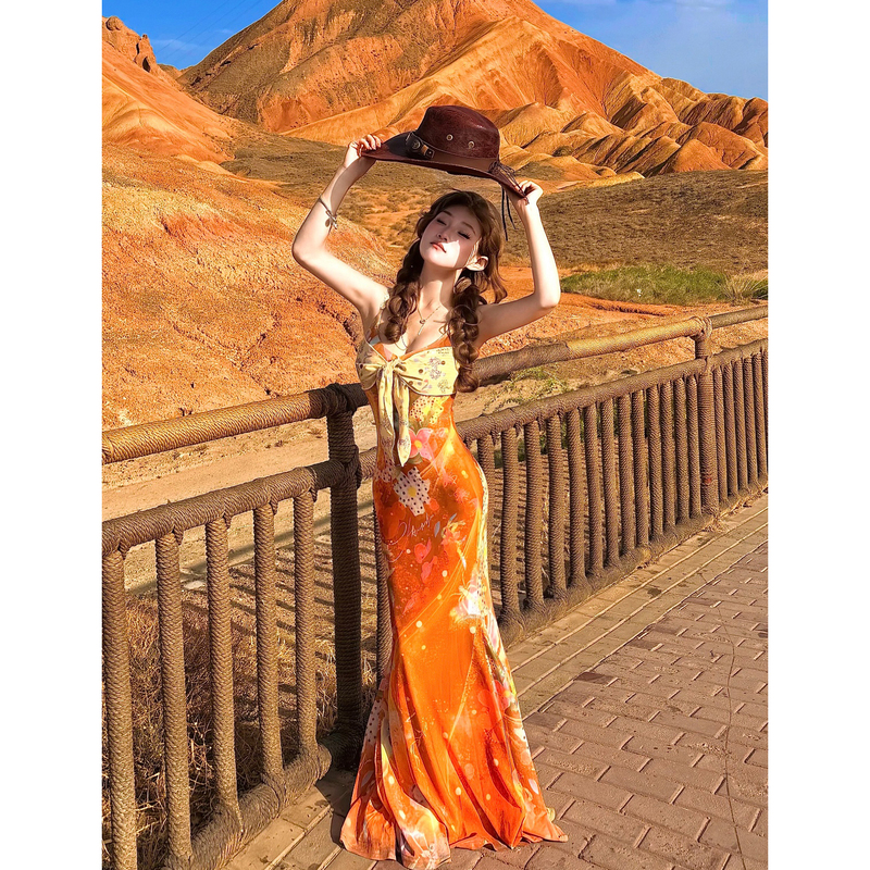 Northwest Xinjiang Desert Travel Outfit Vacation Style Orange Printed Spaghetti Strap Dress Seaside Fishtail Long Dress