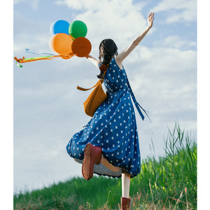 Xinjiang Yunnan Travel Outfit Sleeveless Blue Polka Dot Vacation Dress Klein Blue Tank Top Floral Dress for Women