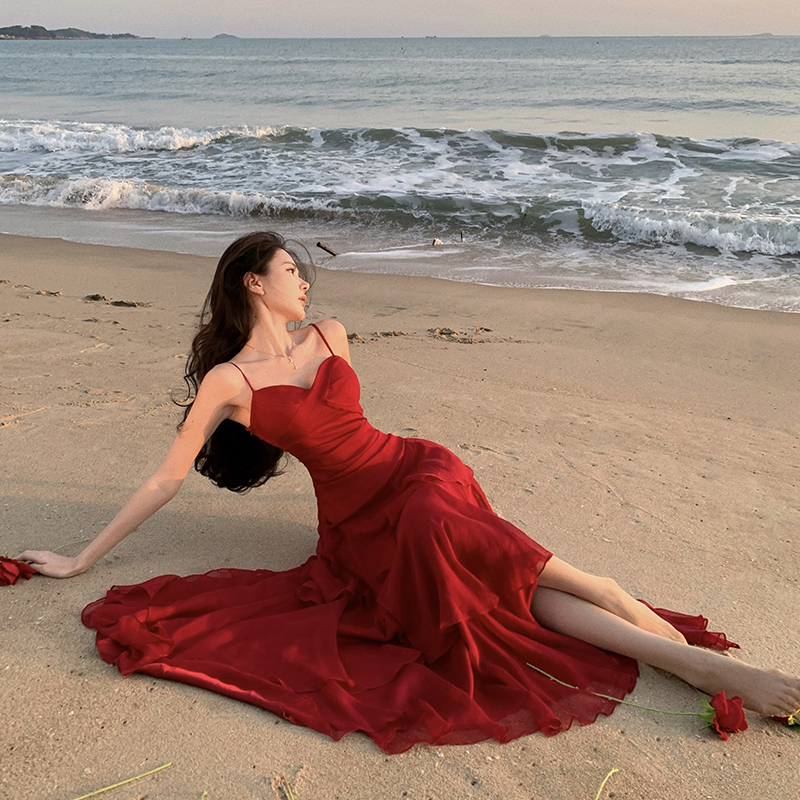 Xinjiang Desert Elegant Red Dress, Red High-End Unique and Beautiful Spaghetti Strap Dress, Seaside Vacation Style Long Dress