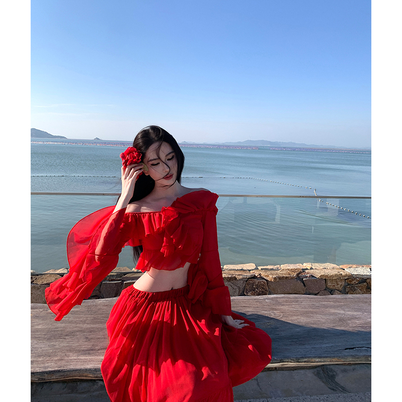 Tyrande Island Atmosphere Dopamine Bright Style Red Ruffled Flowing Large Hem Dress