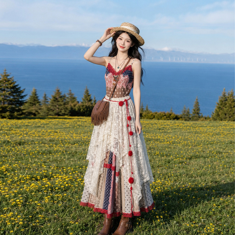 Xinjiang Travel Outfit: Yunnan Bohemian Style Red Floral Dress + Lace Dress Layered Two-Piece Dress Set