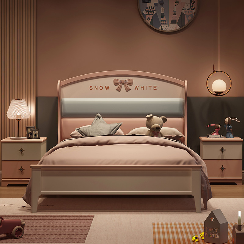 INS pink girl bedroom set net red princess bed solid wood children's bed girl single bed 1 5m storage bed