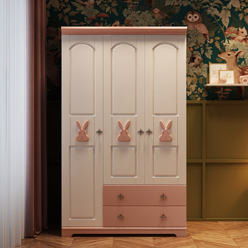American children's wardrobe home bedroom three-door modern minimalist small wardrobe princess girl solid wood rabbit wardrobe