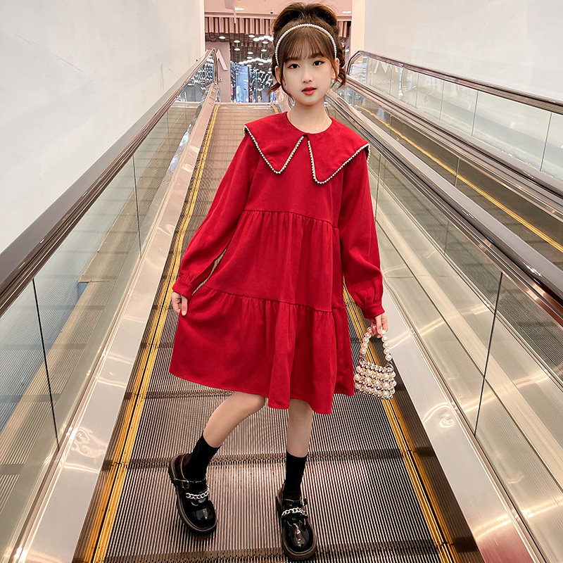 Girls Dress Spring Clothing 2023 New Children's Spring Ocean in Big Children's Small Girl Girls Dress Red