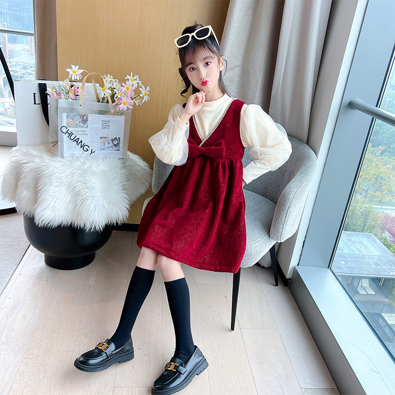 Girls skirt autumn and winter clothes 2022 new western style children's suit plus velvet thick dress winter net red middle-aged children