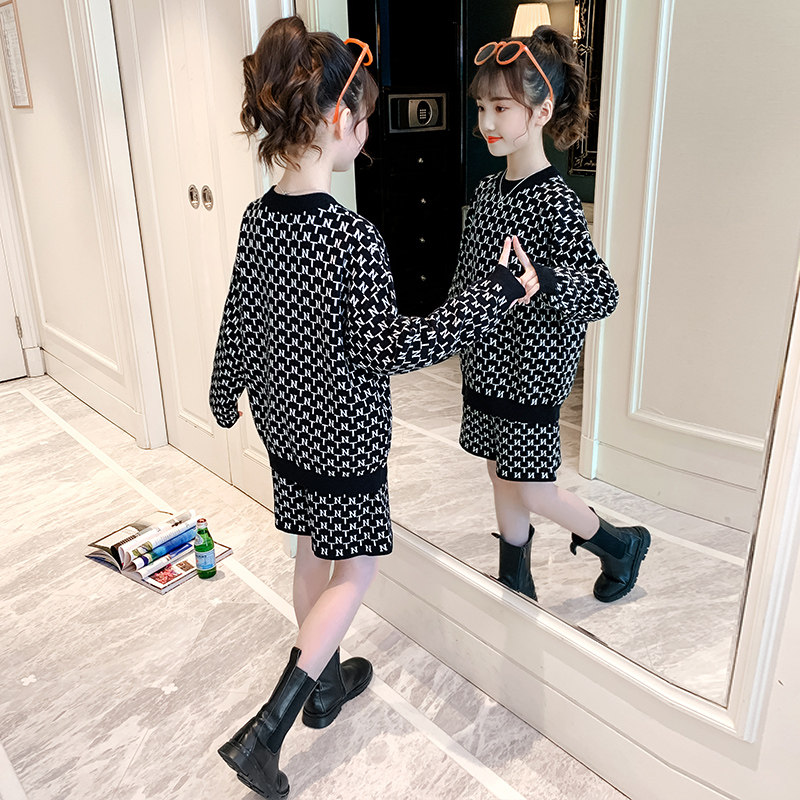 Girls' autumn long-sleeved sweater set 2022 new western style fashionable middle-aged children's knitted pullover autumn two-piece set