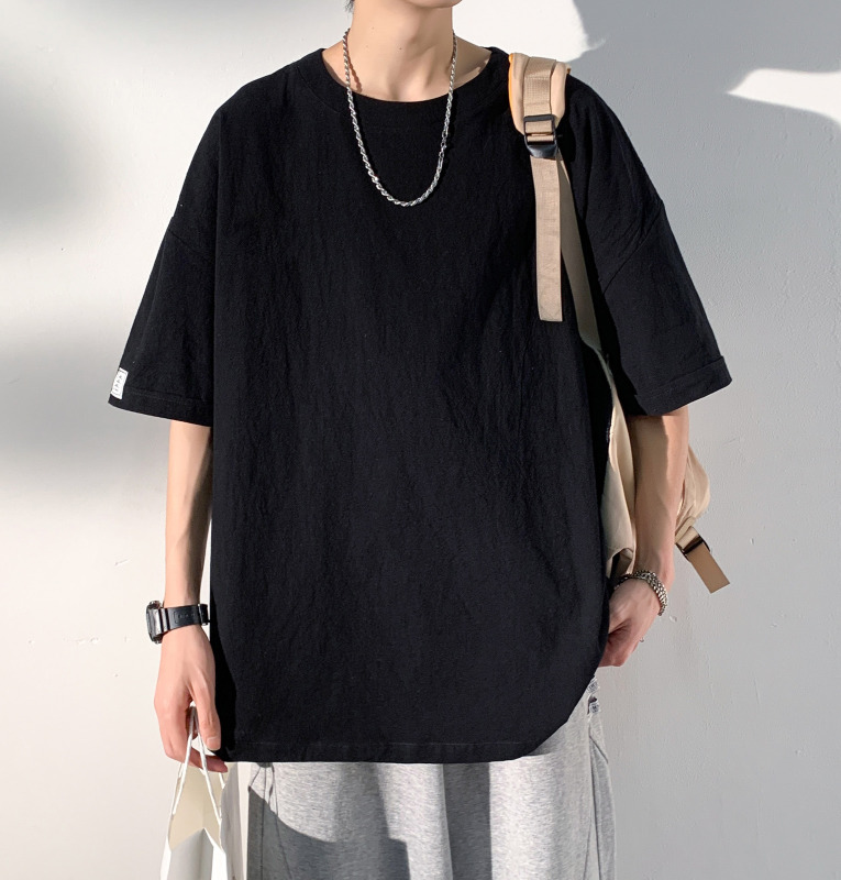 Japanese-Style Linen T-Shirt for Men, Short-Sleeved, Summer Trendy, Loose Fit, Large Size, Round Neck, Pure Cotton Half-Sleeve, Chinese Style Cotton-Linen Clothing