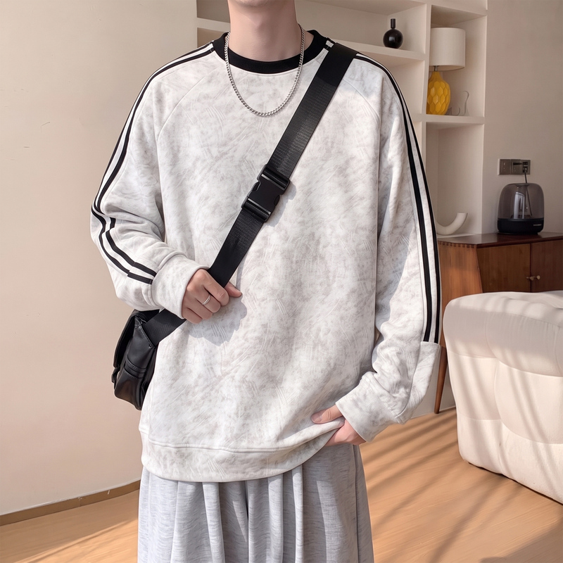 White and Gray Tie-Dye Three-Stripe Sweatshirt for Men, Spring and Autumn Loose Round-Neck Outerwear, Retro Casual Sports Top