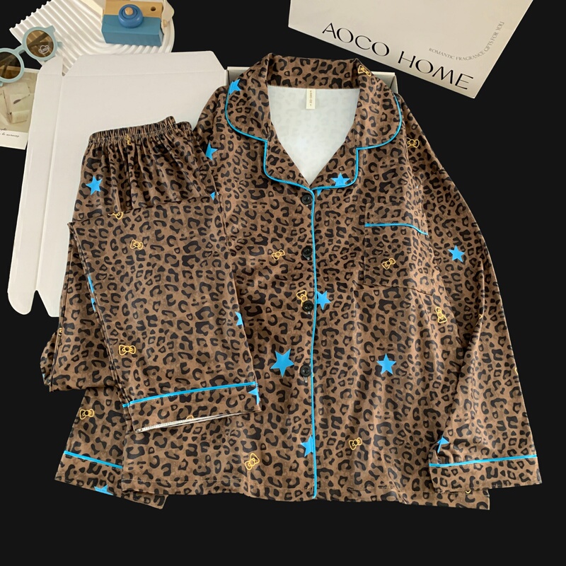 Leopard Print Star Pattern Women's Loungewear 2026 New Long-Sleeved Long Pants Can Be Worn Outside Soft Cotton Pajamas for Women Spring and Autumn