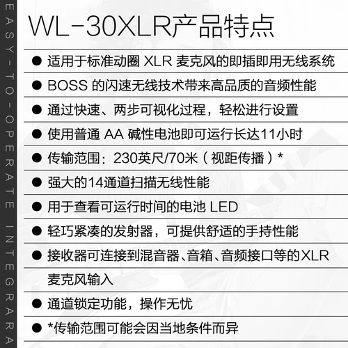 Roland Boss WL30XLR Microphone Специальная беспроводная беспроводная система передает микрофон для перемещения приемника, подключать и воспроизводить