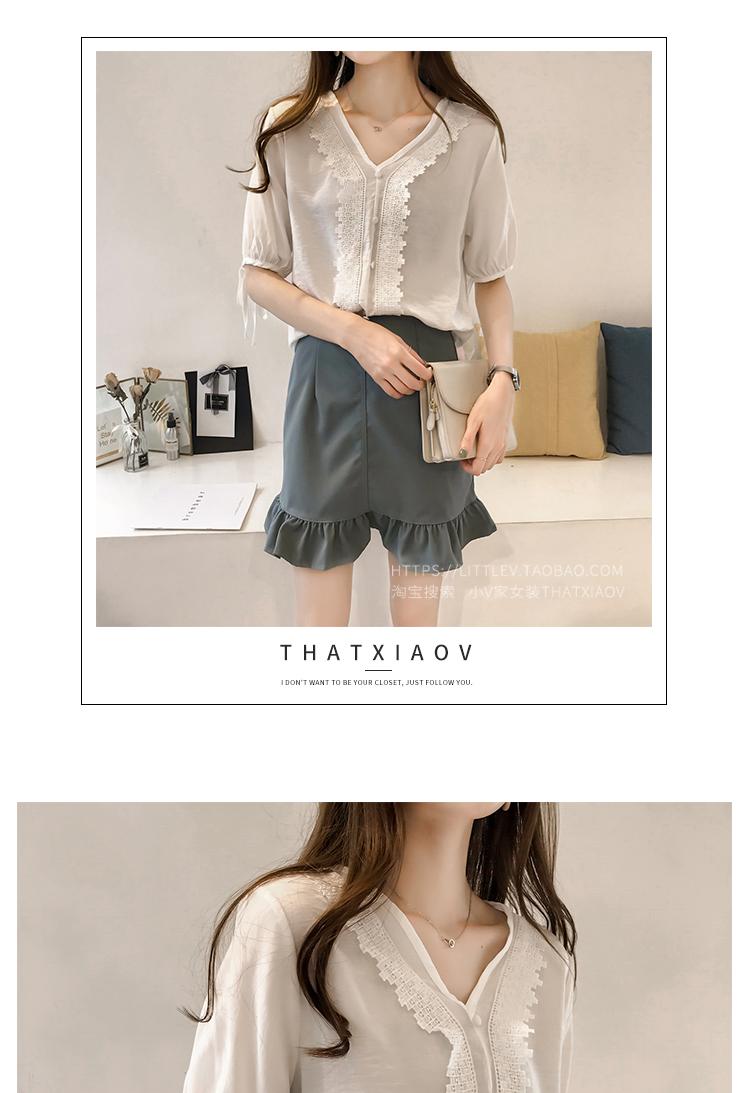 Váy hè nữ 2019 khí chất dịu dàng móc gió hoa ren khâu cổ chữ V Đầm voan nữ tay ngắn tay thủy triều - Áo sơ mi chiffon ren áo sơ mi màu vàng