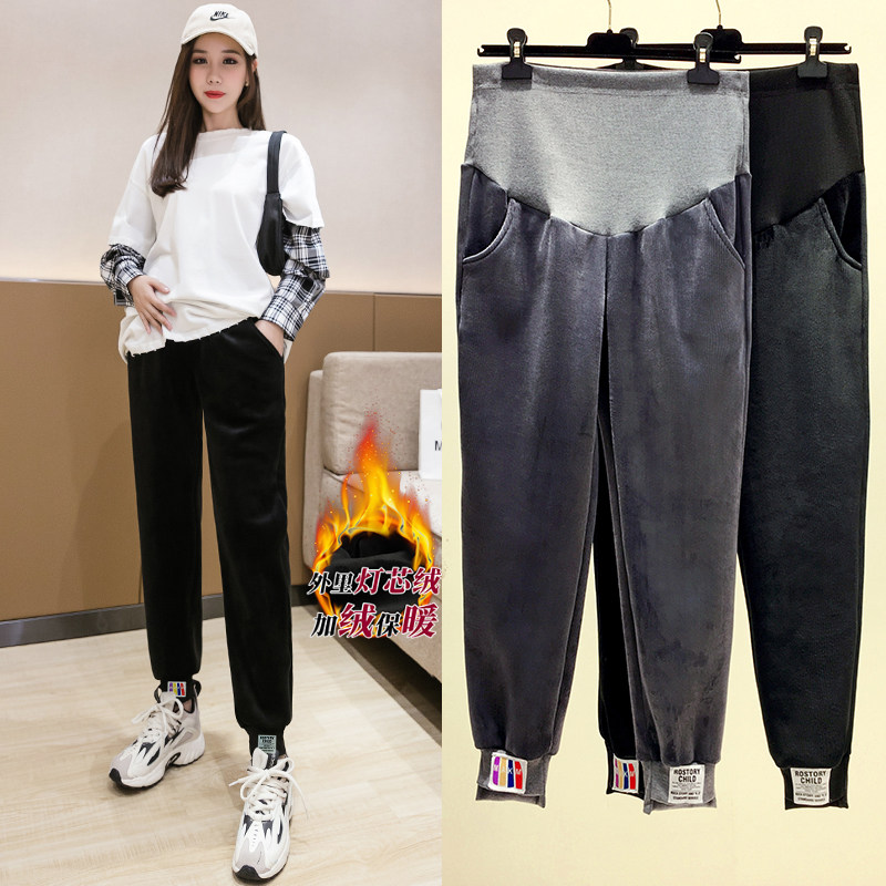 Pregnant woman pure cotton pants autumn and winter outside wearing double-sided suede plus suede thickened fashion winter casual sports pants with pant damp