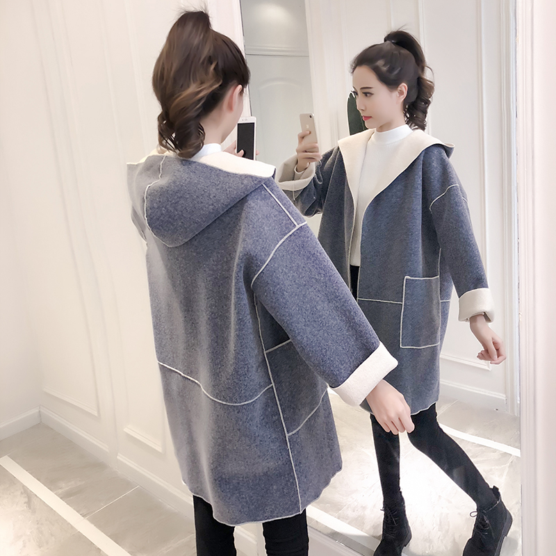 Pregnant woman Autumn winter clothing jacket new Korean version of the hair in the middle of the long version of the wind coat Loose Coat Surgmy Double Face Cashmere Blouse