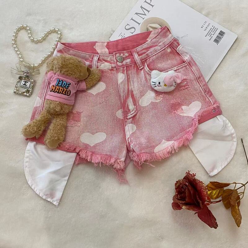 Dopamine Irregular Hot Girl Pink Heart Denim Shorts High Waist A-Line Hot Pants Dopamine Irregular Hot Girl Pink Heart Denim Shorts High Waist A-Line Hot Pants