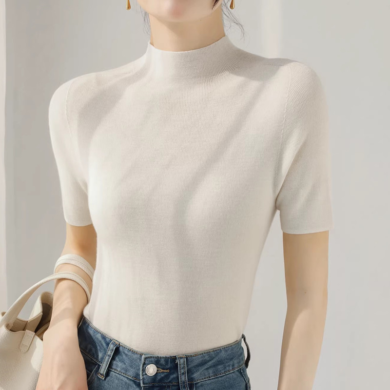 Yangzi Yarn Ribbed Half-High Collar Wool Five-Point Short-Sleeve Women's Fine-Spun Cashmere Base Shirt Seamless One-Piece Knitted Sweater
