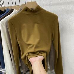 Lixu European letter embroidery half turtleneck brushed long-sleeved T-shirt for women 2023 autumn and winter new style thick base layer inner shirt