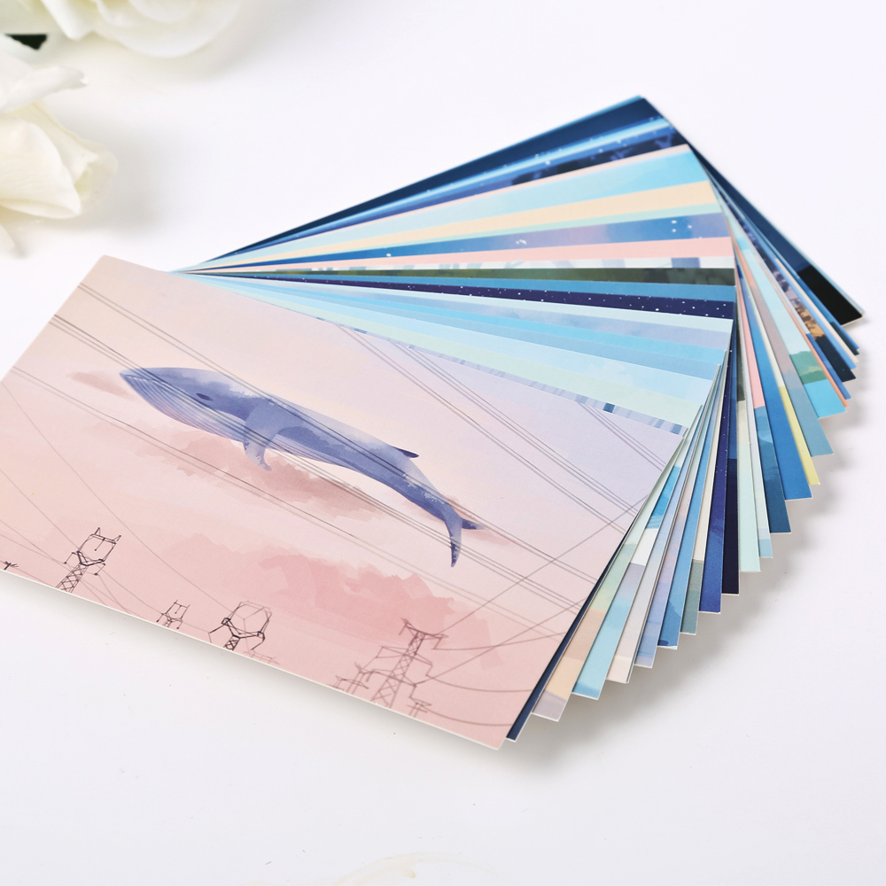 Hand-painted creative small fresh postcard Whale Island blue ocean whale beautiful literary style card Birthday gift school season greeting card