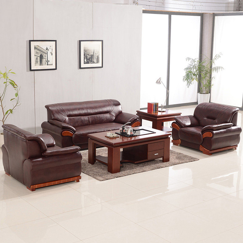 Modern office sofa leather cow leather large models business reception triple office sofa tea couch combination