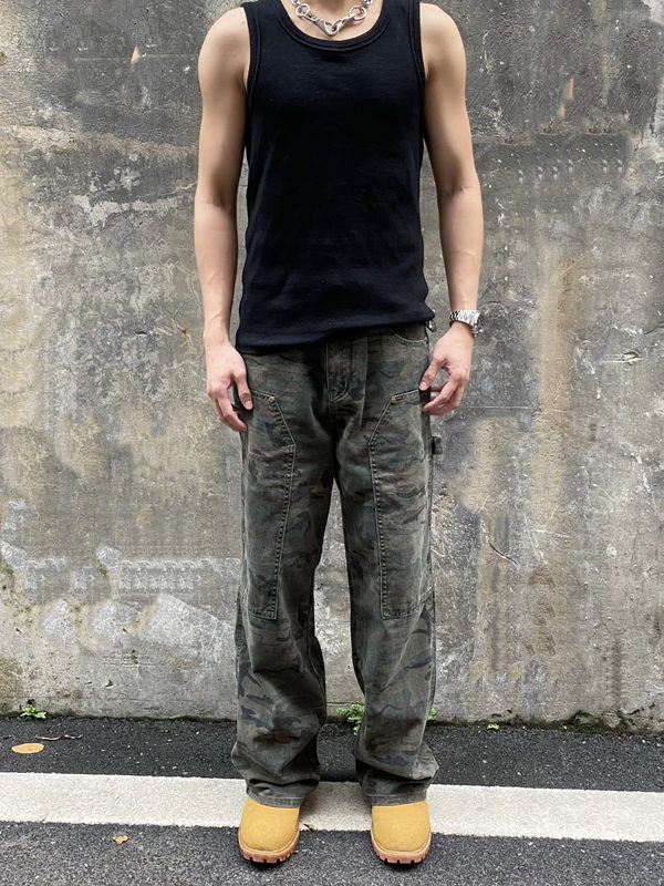 3Stro American High Street Washed Vintage Camouflage Pants for Men, Loose Straight-Leg Cargo Pants, Wide-Leg Pants, Versatile Casual Pants