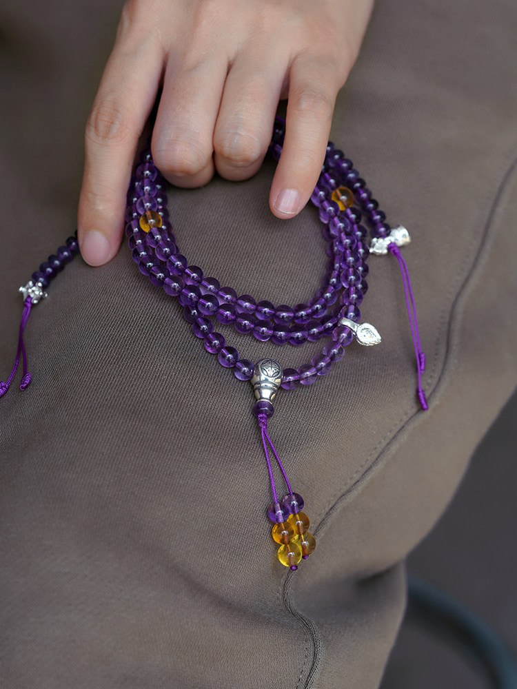 天然108顆紫水晶念珠手鏈未時女款多圈手串佛珠簡約高貴大氣禮物VISHI未