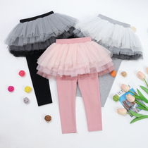 Girls leggings skirt all-match baby fake two-piece mesh skirt baby outer wear plus velvet spring and autumn winter pants