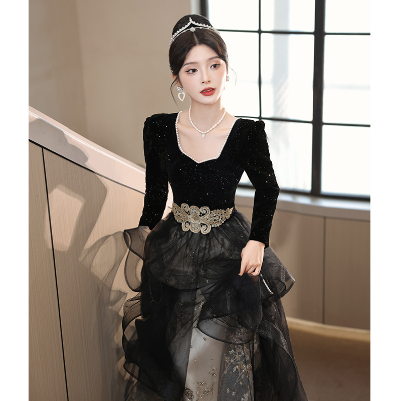 Black Evening Dress for Women, High-End Banquet French-Style Coming-Of-Age Ceremony Birthday Dress, Light Luxury Niche High-End Annual Meeting Host