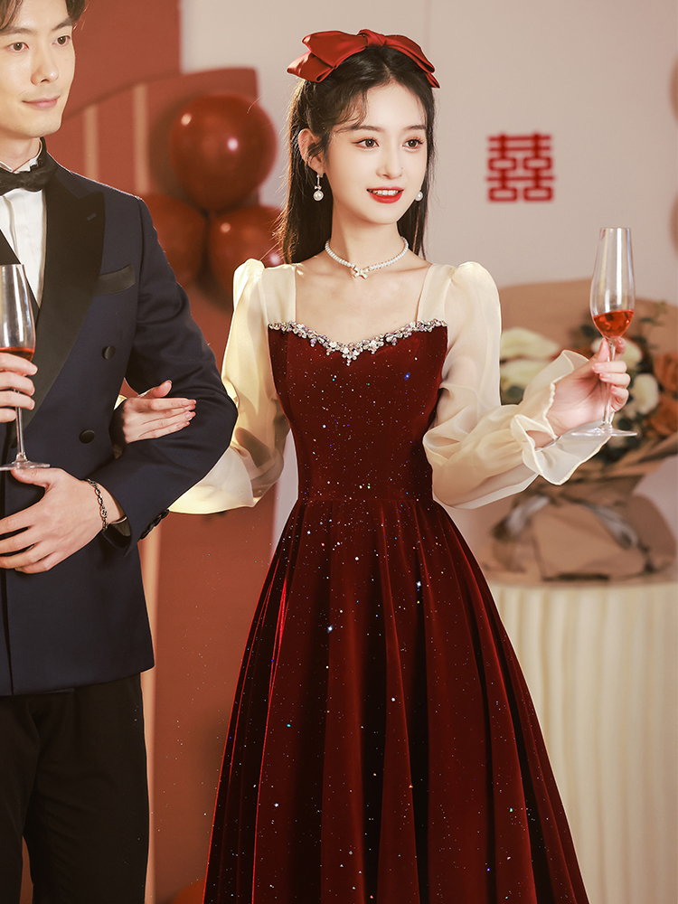 Burgundy winter evening cocktail dress