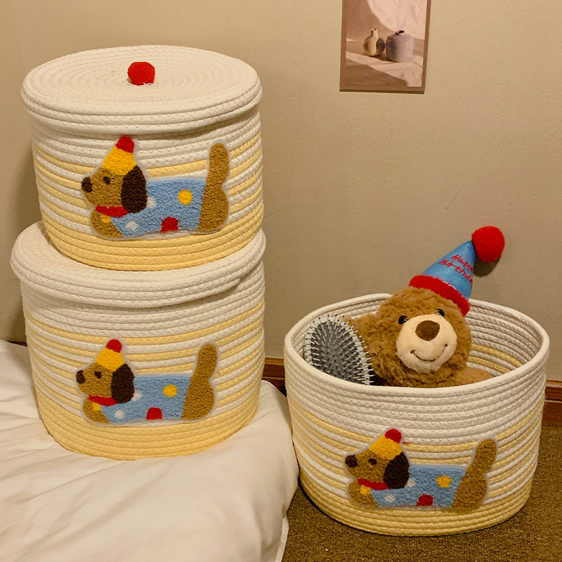 Cute Polka Dot Puppy Cotton Woven Storage Basket Large Capacity with Lid Dustproof Storage Bin Home Desktop Storage Basket