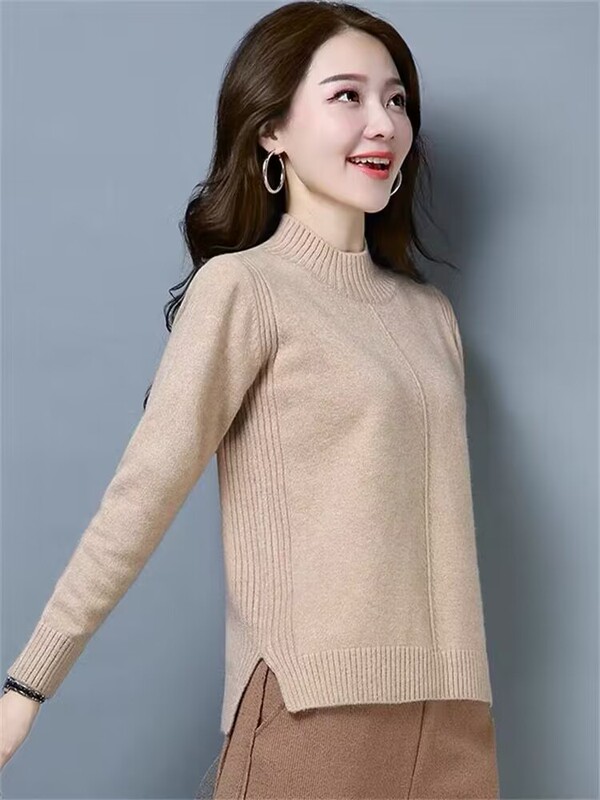 Authentic New Wool Sweater for Women, Autumn and Winter New Style, Pullover Half-Turtleneck Knitwear, Solid Color, Loose-Fitting Base Layer Wool Sweater