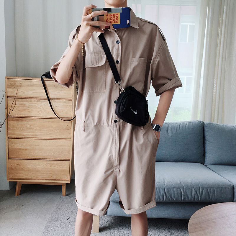 夏季连体裤男潮ins网红同款工装裤韩版嘻哈男士学生背带短裤衣服