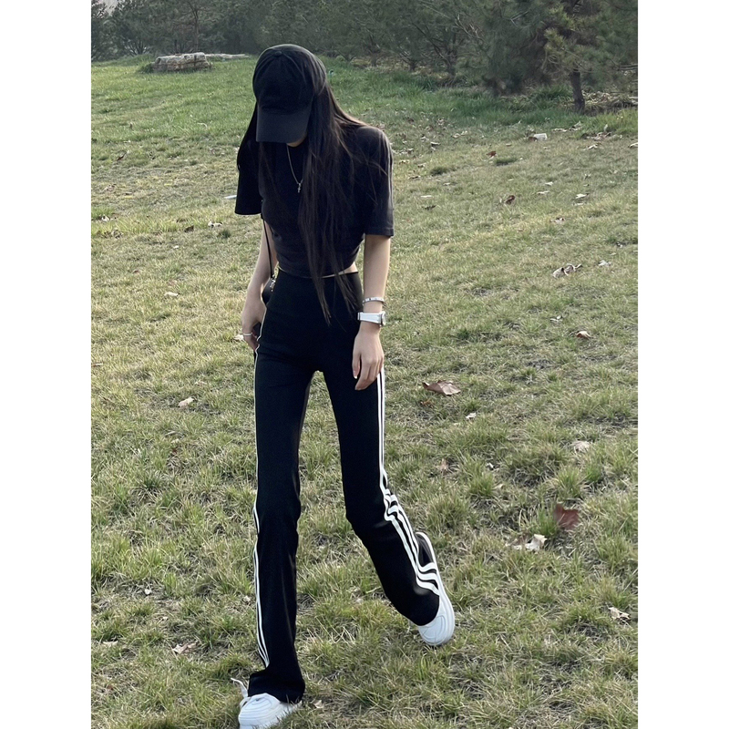 High-Waisted Slim-Fit Spring/Summer Sports Pants with Three Stripes, Suitable for Fitness and Running, Extended Length, Stretchy, Slimming, Casual Flared Pants