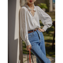 Beautiful emperor French vintage ruffle white silky shirt women 2021 early spring new anti-wrinkle free ironing