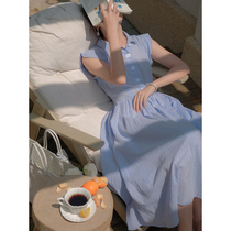 Beautiful emperor fresh light blue baby blue check high waist sleeveless shirt French Vintage dress