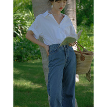 Beautiful emperor French outfit B ready for wild temperament basic lapel loose short-sleeved white shirt for women