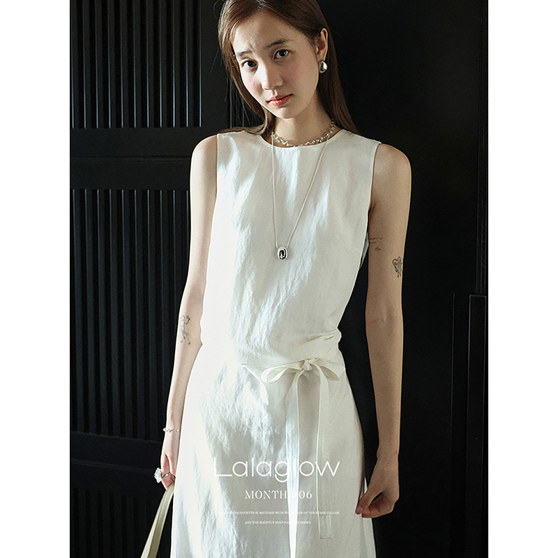 [in Stock] Lalaglow Tencel Linen Round Neck Tie Waist Slimming Sleeveless Vest Dress for Women Summer