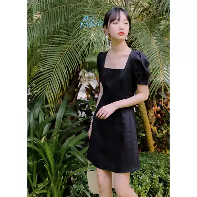 Beautiful Emperor French retro square collar bubble sleeve black dress short sleeve high waist solid color summer