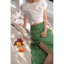 Beautiful Emperor Original Design French Elegant Skirt Split High waist Printed skirt Yellow Green