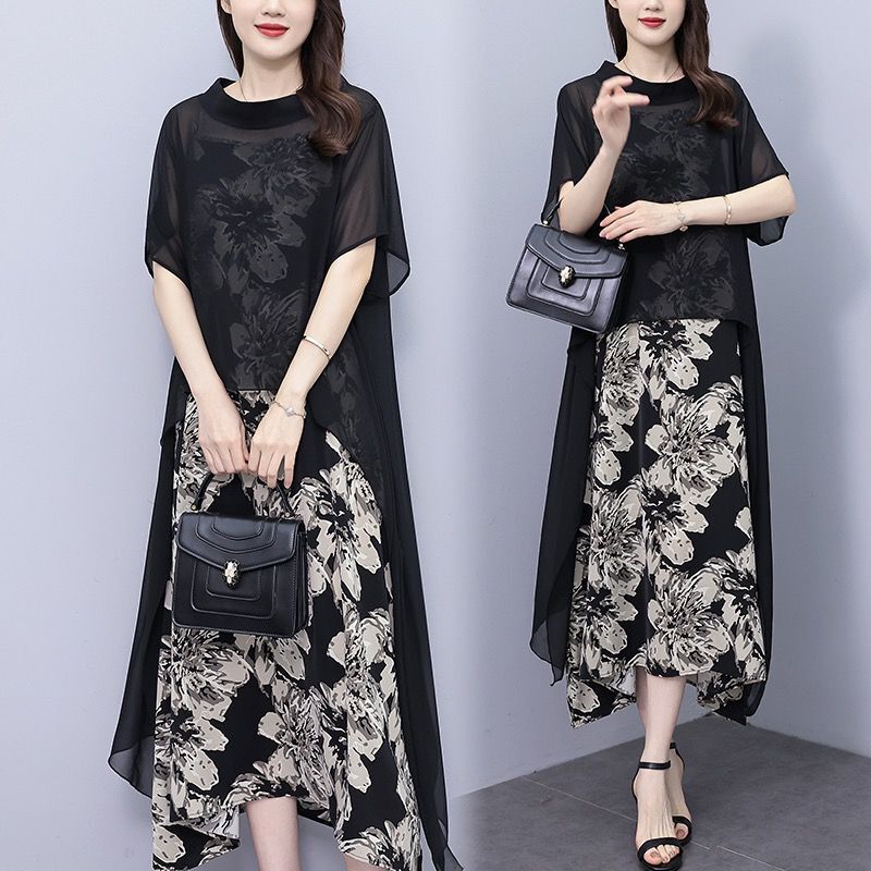 Plus Size Women's Loose Slimming Dress, New Summer Style for Fat Women, Long Chiffon Skirt That Covers the Body, Fashionable Two-Piece Set Plus Size Women's Loose Slimming Dress, New Summer Style for Fat Women, Long Chiffon Skirt That Covers the Body, Fashionable Two-Piece Set