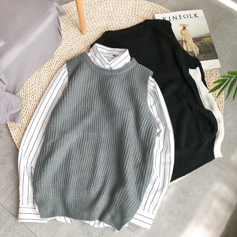 Mùa thu đông mùa đông áo vest gió Hàn Quốc ulzzang màu rắn cổ tròn nam nữ vài mẫu áo len không tay đan áo vest nam hàn quốc trẻ trung