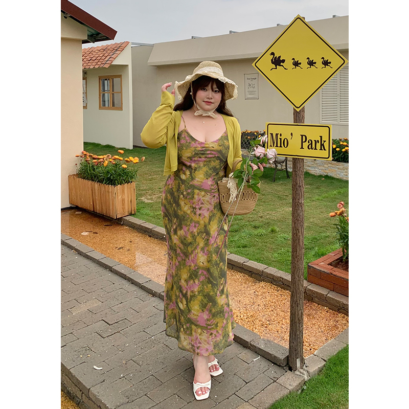 Dese Soft Candy French V-Neck Suspender Fishtail Dress Summer Long-Sleeved Cardigan Oil Painting Smudged Floral Dress