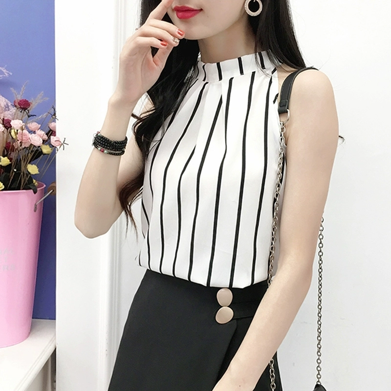 Áo sơ mi voan nữ 2020 mới mùa hè hoa tay áo đứng cổ áo treo trên vai quây áo tây nhỏ áo vest - Áo sơ mi chiffon ren