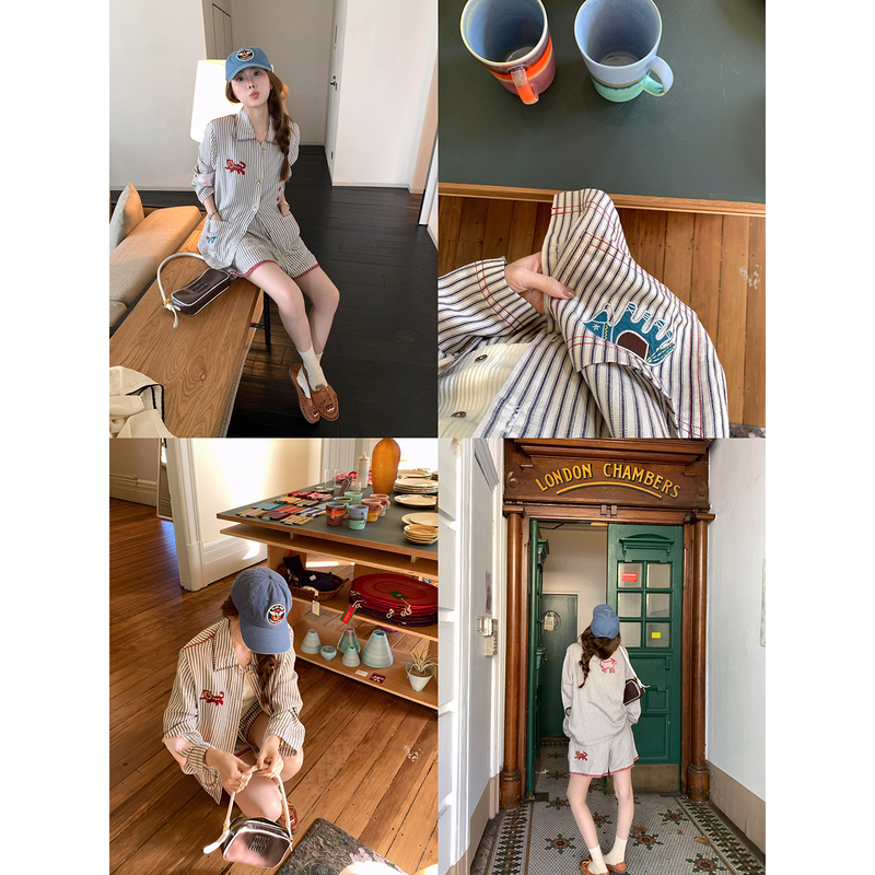 Realzz Zhangzhang Heavy Embroidered Striped Shirt Set Made of Hemp Blend, Relaxed Linen Shorts