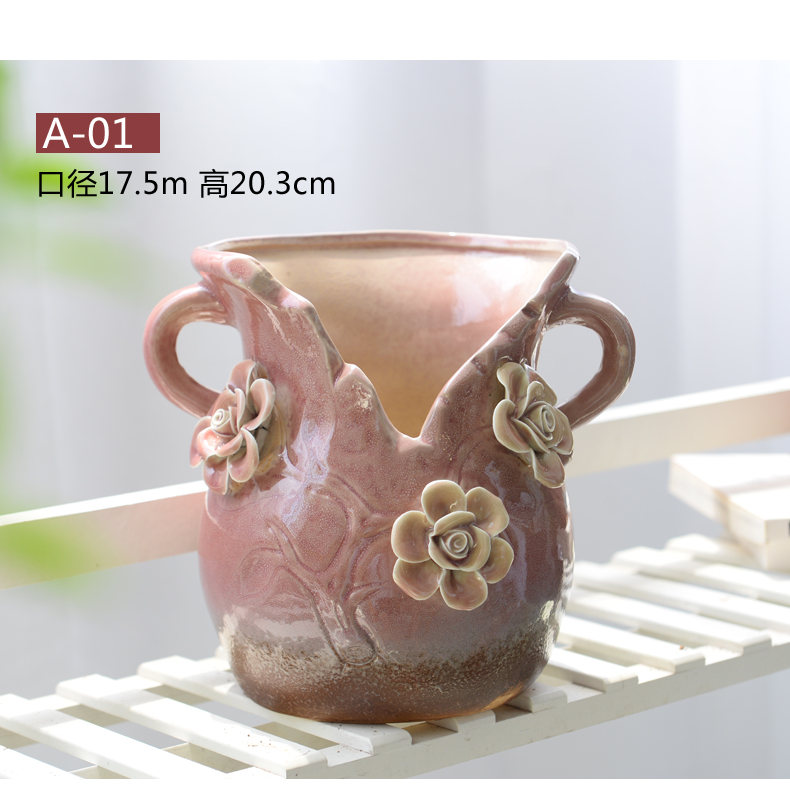 A new large caliber old running the green plant ceramic flower POTS, fleshy flower implement dried flower vase coarse pottery breathable large - sized mage basin