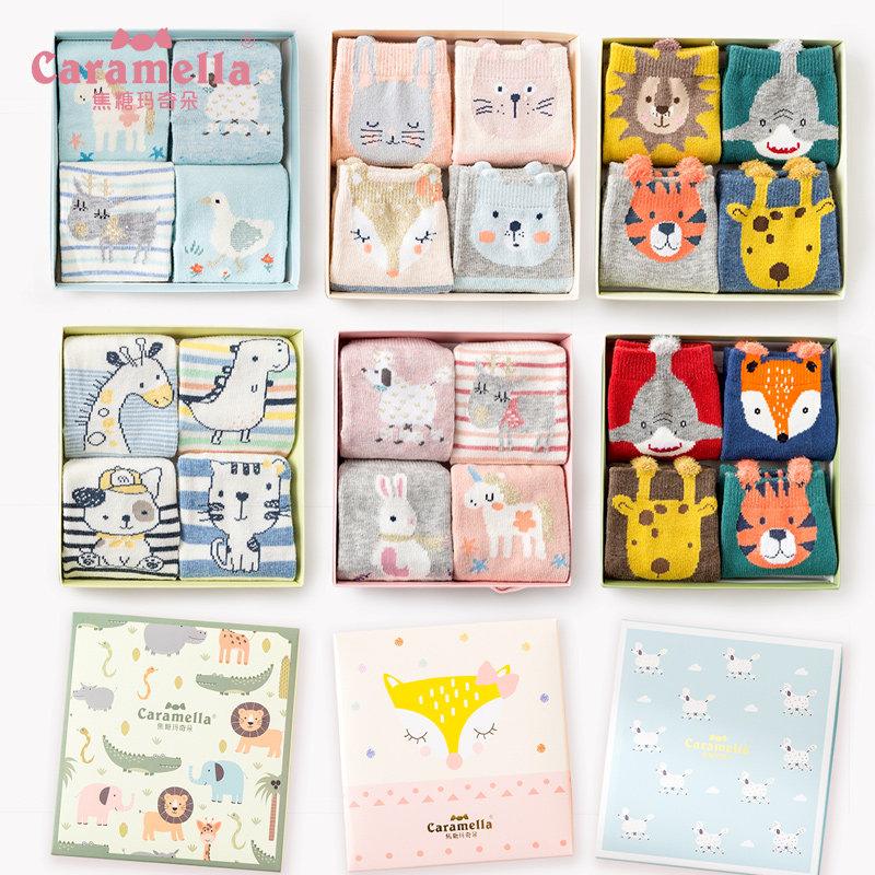 Caramella Autumn Winter New CUHK Children Midseason Socks Four Double Gift Boxes For Men And Women Baby Cartoon Full Cotton Scout Socks